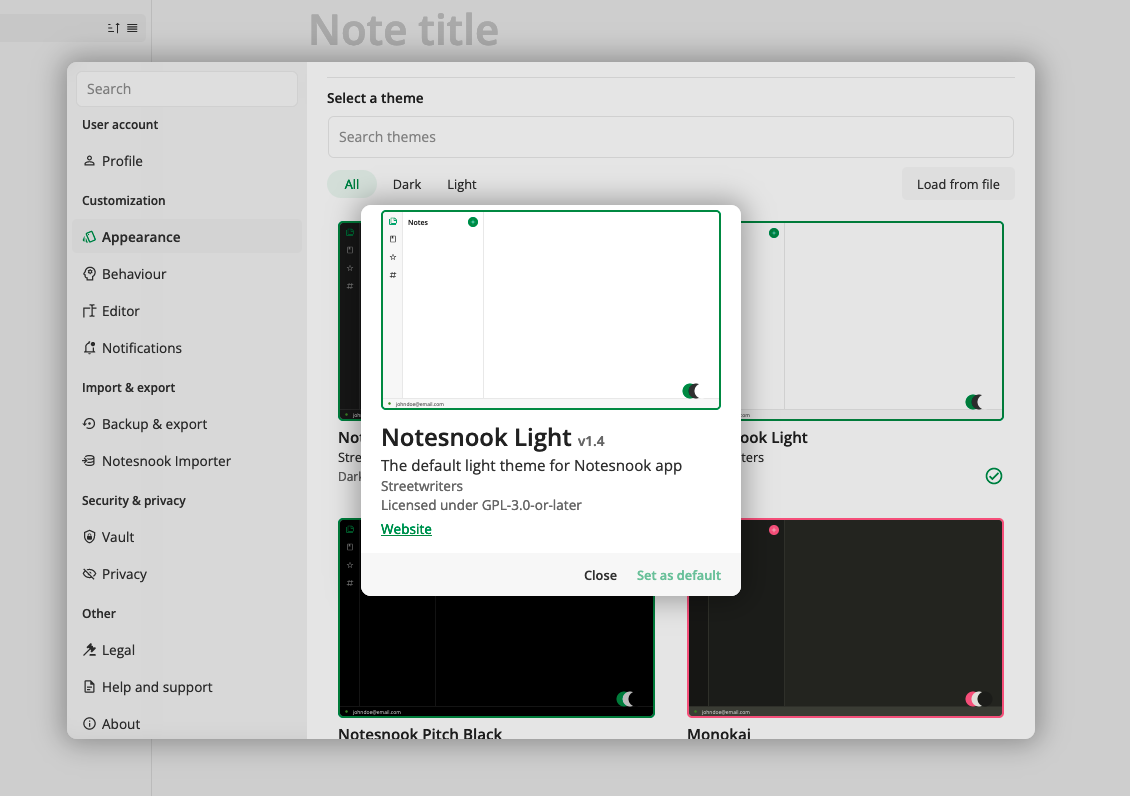Choosing Notesnook Light as the starter theme in the Theme Builder