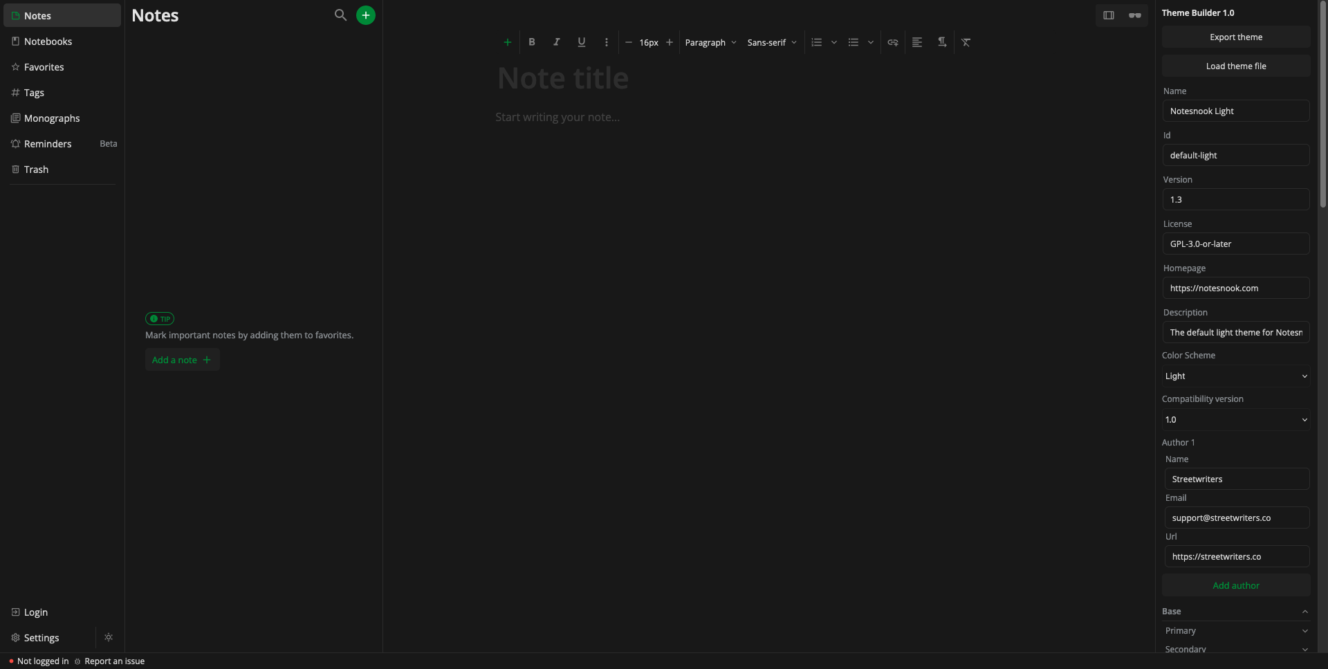 The Notesnook Theme Builder, with the colour panel beside a live copy of the app