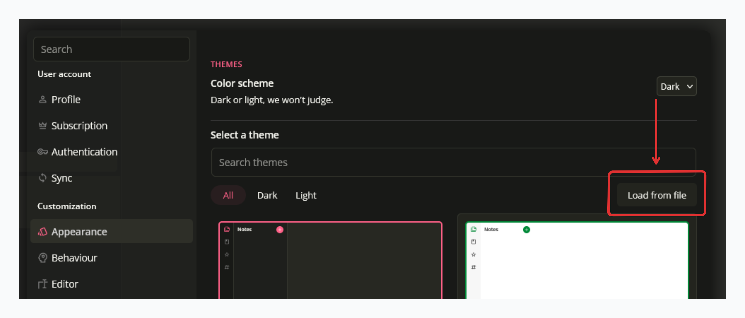 The Load from file button in the Notesnook theme settings