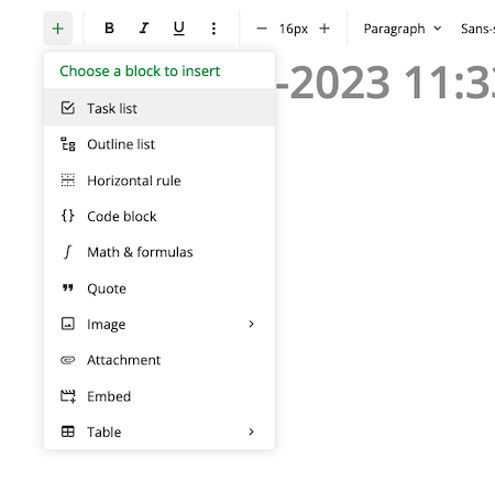 The insert menu open in the editor, listing the blocks you can add to a note