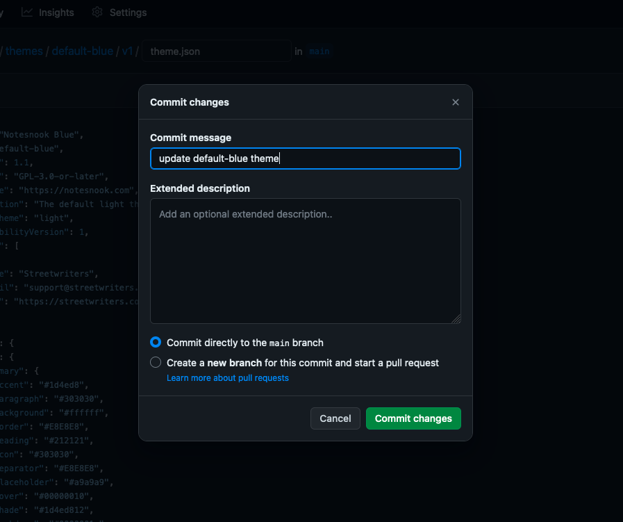 The commit message dialog with the update theme message filled in
