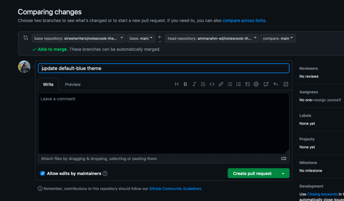 The Create pull request button for the theme update