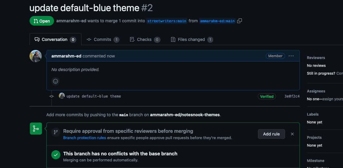 The submitted pull request for the theme update